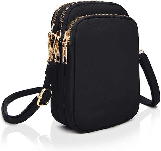 TSHAOUN Bolso Messenger Mujeres Casual, Bandolera de 3 capas,Bolso bandolera para teléfono para mujer Metal de nailon negro con bolsa con cremallera Bolso pequeño para de gran (Black)