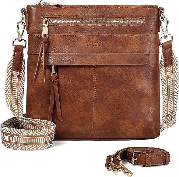 RAVUO Bolso Bandolera Mujer, Grande Bolso Cruzado de Cuero Pu Bolso Hombro Piel con 2 Correas Ajustable Crossbody Bag para Diario Viaje