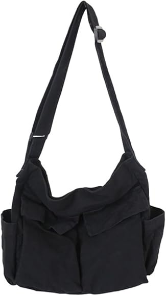 HUALEENA Bolso bandolera de lona para mujer, bolso grande de mensajero, bolso de hombro de viaje, multibolsillo, Negro, Large