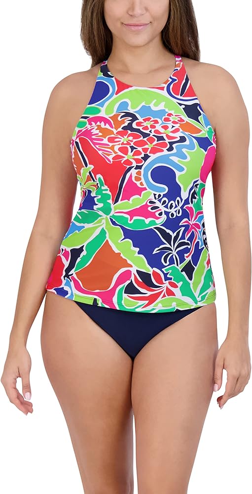 Nautica Women's Standard Crossback Halter Neck Tankini Tummy Control Removable Cup Adjustable Strap Swimsuit Set