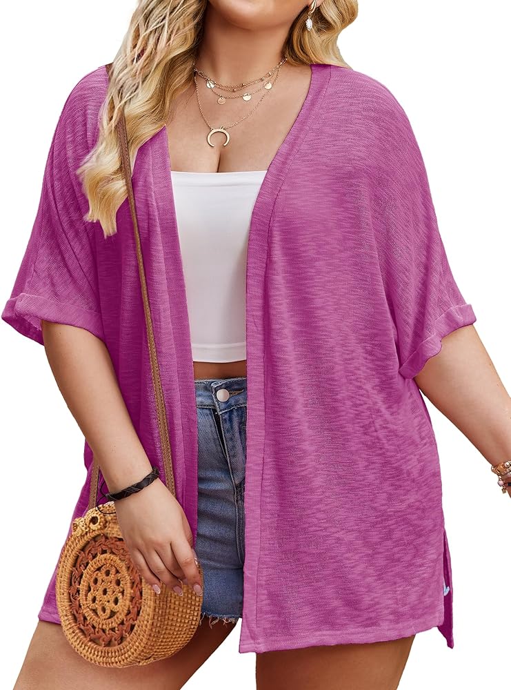 IN'VOLAND Womens Plus Size Lightweight Cardigan Open Front Short Sleeve Casual Loose Fit Beach Cover Up