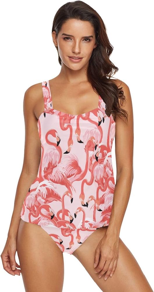 Pink Flamingo Tankini Bathing Suits for Women Tummy Control Two Piece Tankini Swimsuit with Bikini Bottom