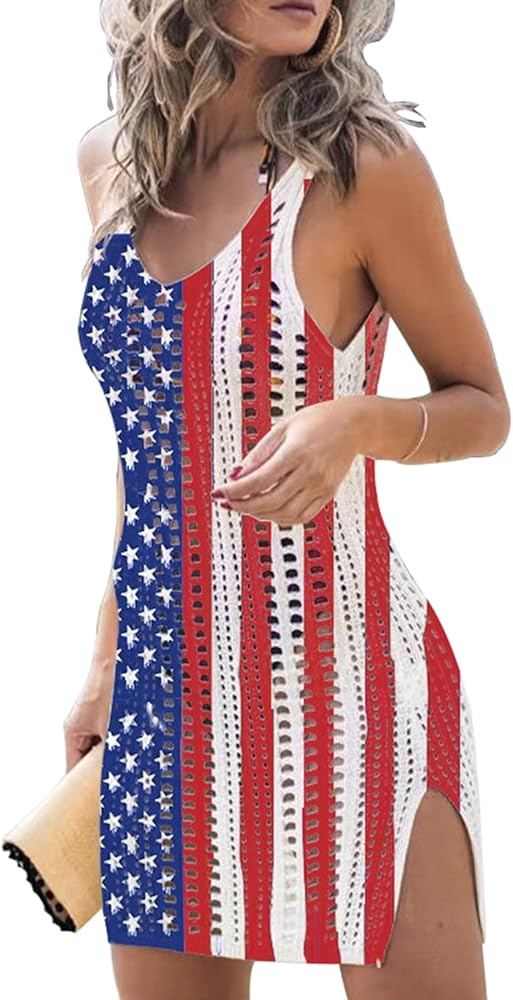 GOWONE Women Hollow Out Slit Crochet Cover Up Sleeveless 4th of July Patriotic Swimwear Beach Dresses