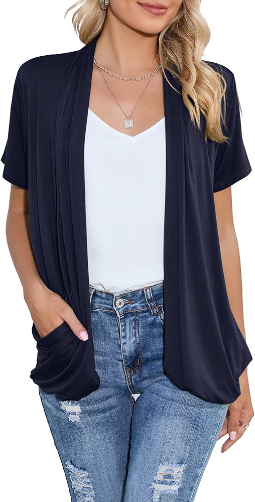 HIYIYEZI Open Front Cardigan Sweaters for Women with Pockets Lightweight Short Sleeve Ruffle Front Kimono Cardigan Duster