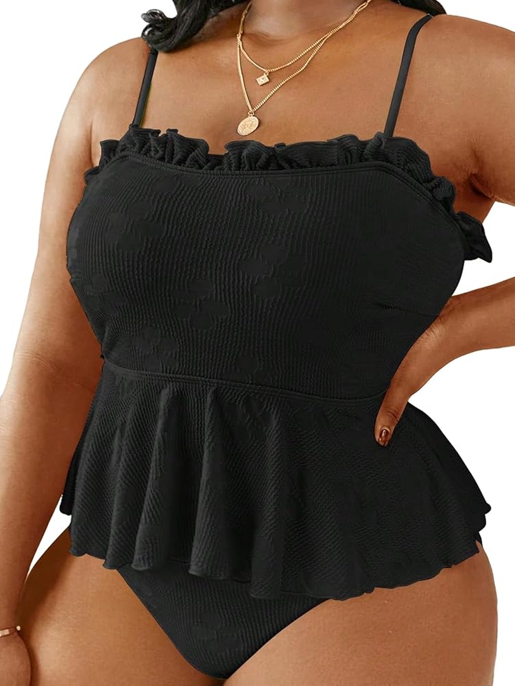 OYOANGLE Women's 2 Piece Tankini Set Spaghetti Strap Ruffle Hem Swimsuit Bathing Suit Beachwear