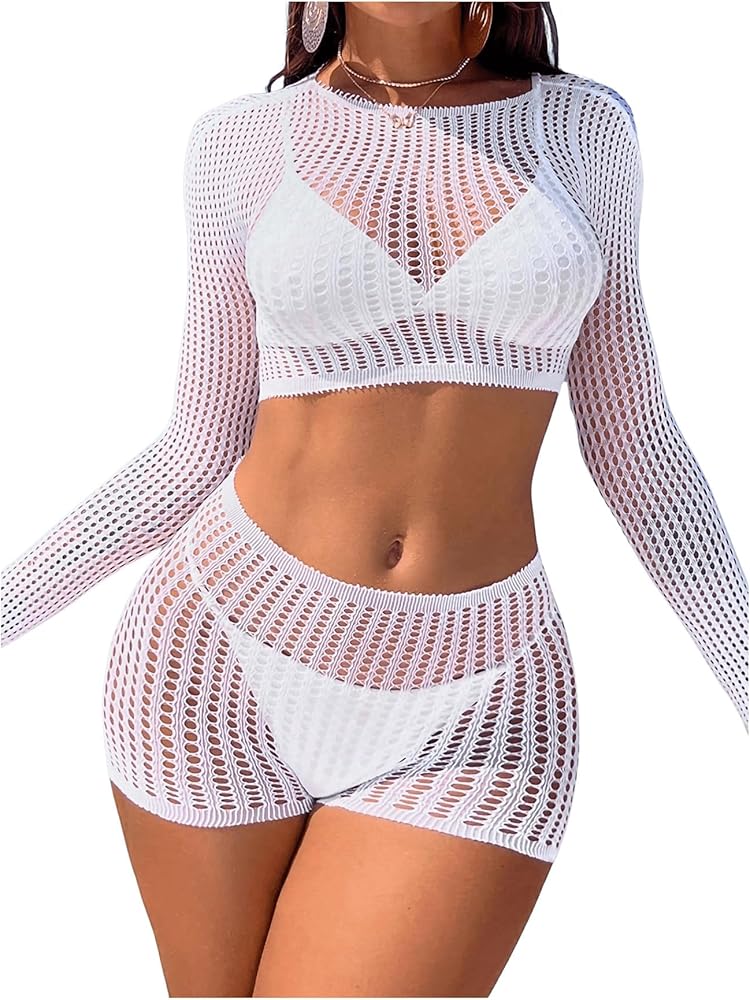 MakeMeChic Women's 2 Piece Swimsuit Cover Up Sets Hollow Out Crochet Long Sleeve Top Shorts