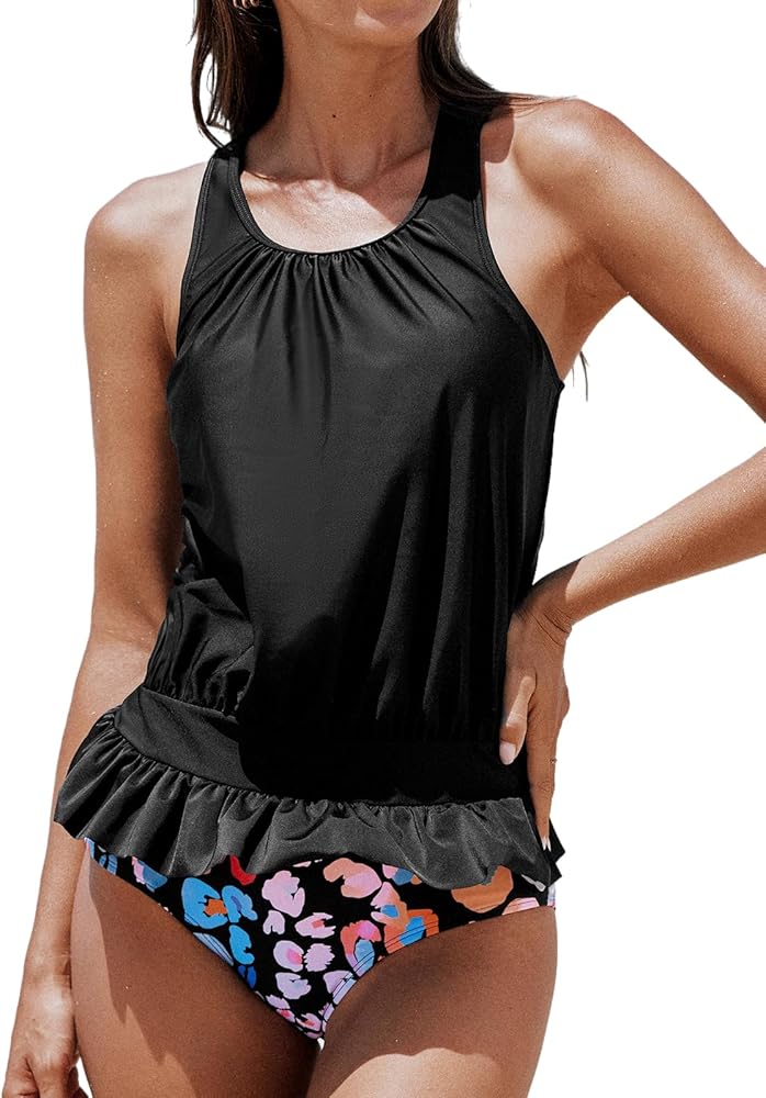 CUPSHE Women's Tankini Sets Two Piece Swimsuit High Waisted Round Neck Wide Straps Ruffled