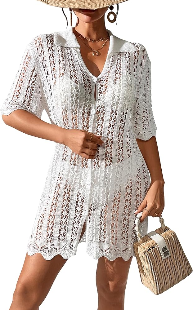 Womens Casual Boho Crochet Floral Beach Cover Up Button Up Long Cardigan Polo Collar Short Sleeve Mini Shirt Dress 2024