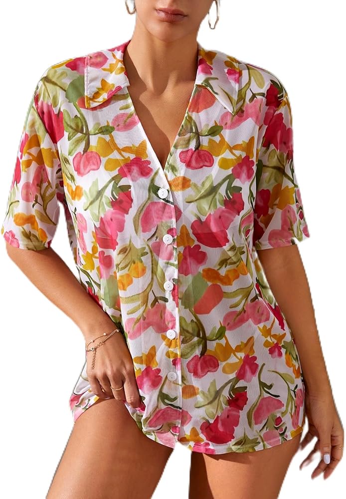 Swimsuit Coverup For Women Beach Swim Coverups Floral Print Button Front Kimono Womens Cover Ups