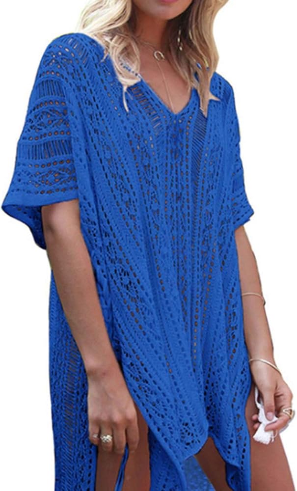 Blue Crotchet Hollow Out Lace Cover Ups for Swimwear Women Bikini Cover Up Net with Sleeves