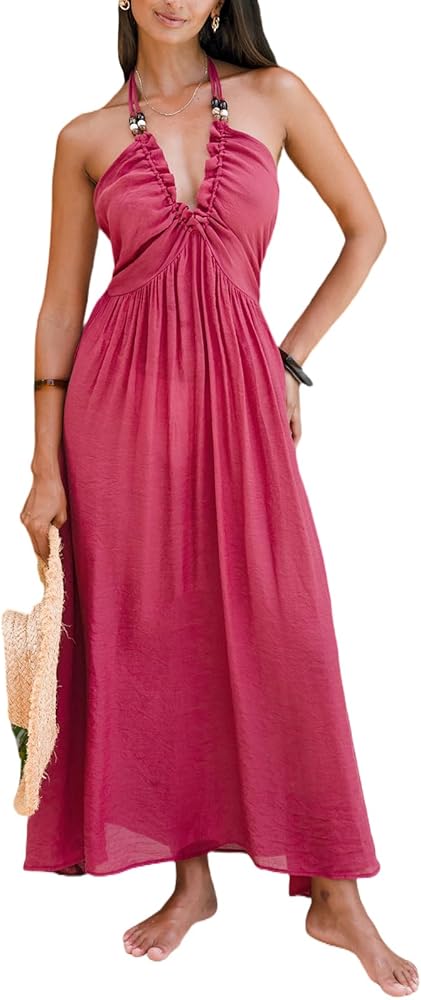 CUPSHE Women Swimsuit Coverup Plunging V Neck Swimwear Halter Maxi Beach Dress