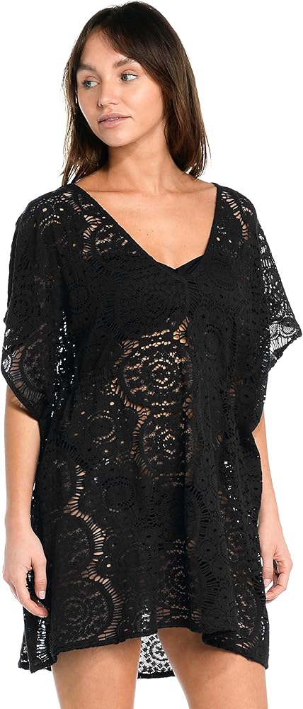 Sunshine 79 Women's Standard Short Sleeve Tunic Cover Up Dress, Black//Chillin' Crochet, S/M