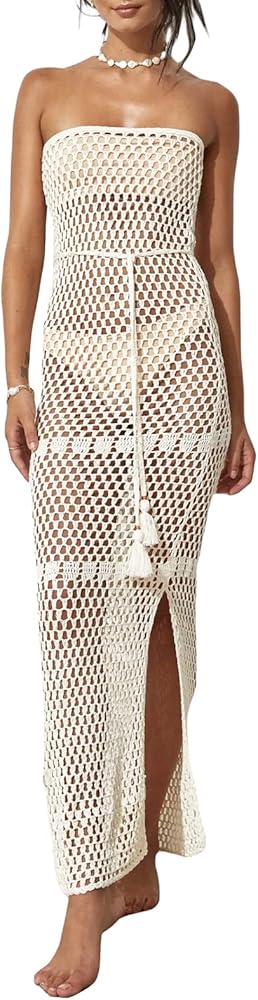 Women Sexy Crochet Cover Ups Maxi Dress Backless Cutout Mesh Dress High Split Bodycon Dress Bikini Party Beachwear