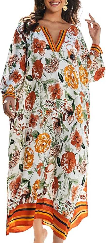 Eddoyee Women Floral Print Kaftan Dresses V-neck Long Sleeve Bathing Suit Cover Ups Side Split Plus Size Caftan White