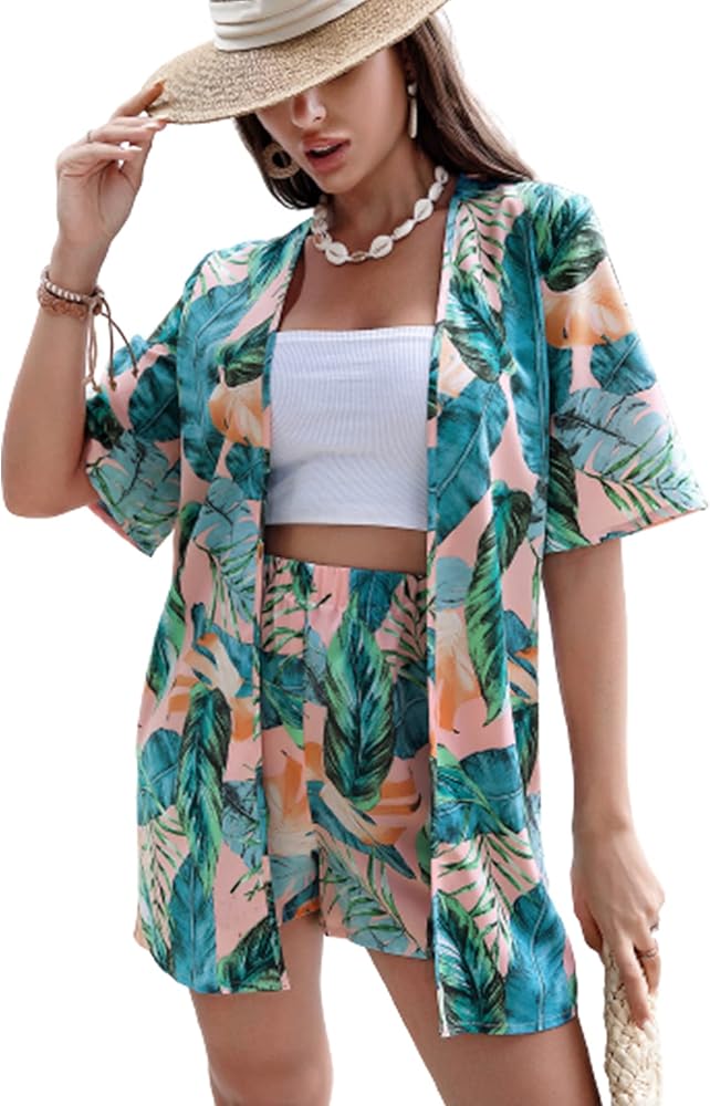 Verdusa Women's 2Piece Summer Short Sets Tropical Print Beach Cardigan with High Elastic Waist Mini Shorts Apricot and Green