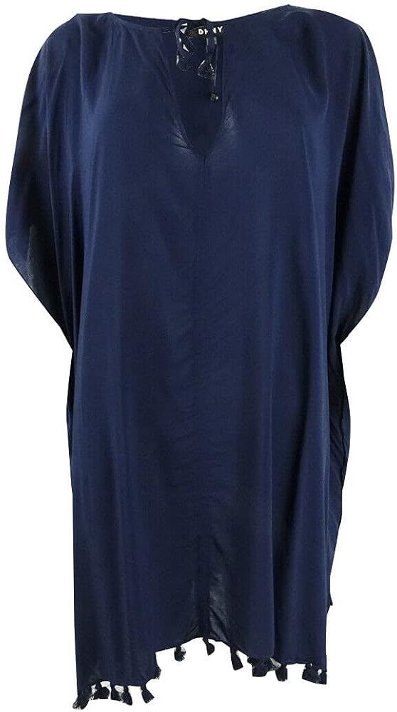 DKNY Women's Pom Pom Caftan Swim Cover-Up Navy Large/X-Large