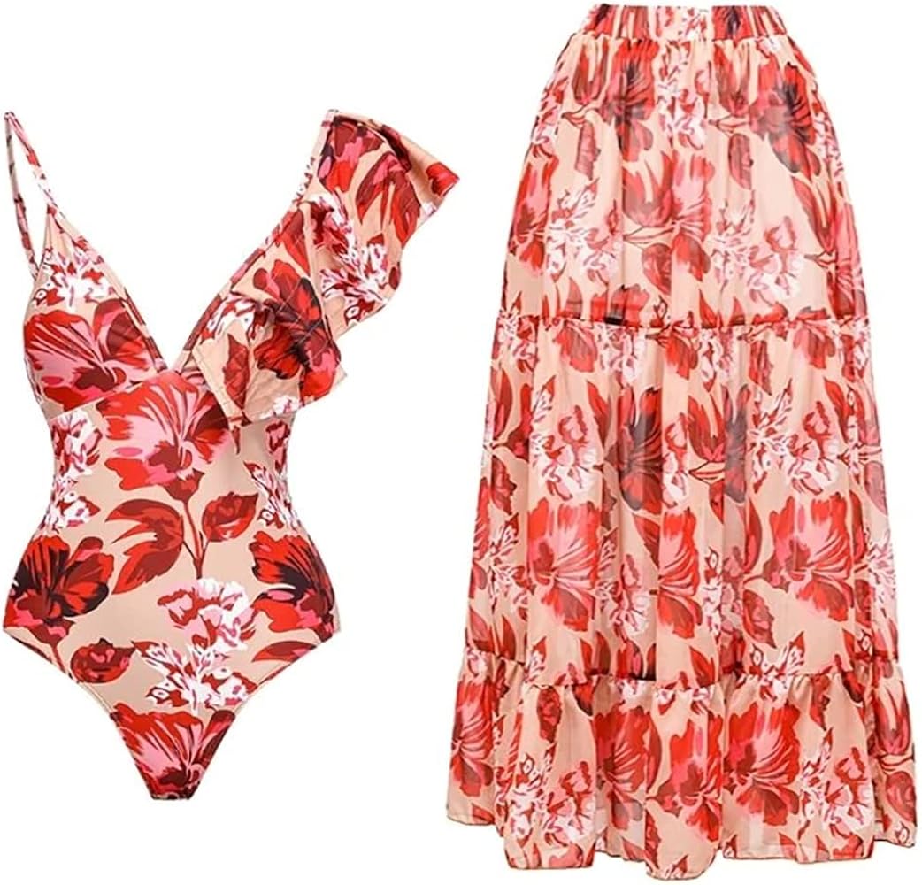 DFHBFG Vintage Bathing Suit Print -piece Swimsuits Ruffle Bikini Set with Beach Dresses for Women