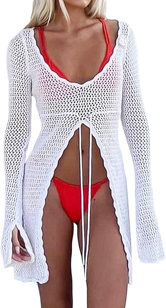 Women Bikini Cover Up Solid Color Cutout Long Sleeve Tie-Up Summer Swimsuit Coverup Crochet Bathing Suit Cover Ups Beach Tops