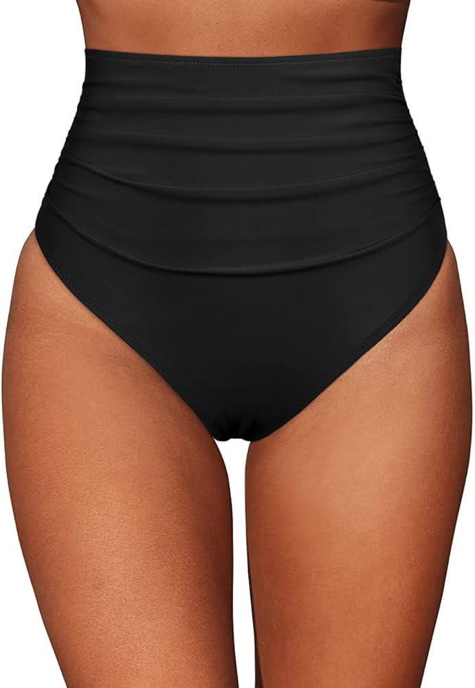 Hilor Women's High Waisted Bikini Bottom Retro High Cut Bathing Suit Bottom Ruched Tummy Control Swim Shorts