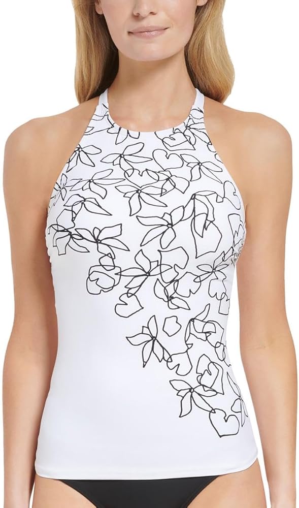 Calvin Klein Womens Printed Criss-Cross Back Tankini Swim Top White M