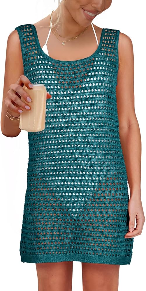 Caracilia Womens Swimsuit Cover Up Sleeveless Crochet Knit Bathing Suit Coverup 2024 Summer Mini Beach Dress