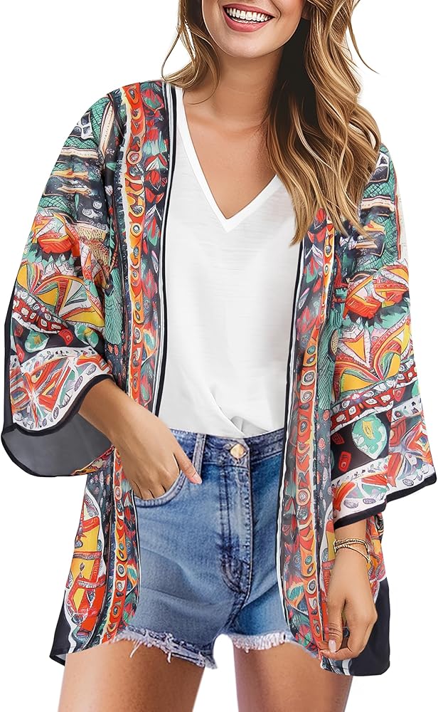 Womens Kimono Cover Ups for Beach Floral Short Sleeve Loose Summer Cardigan