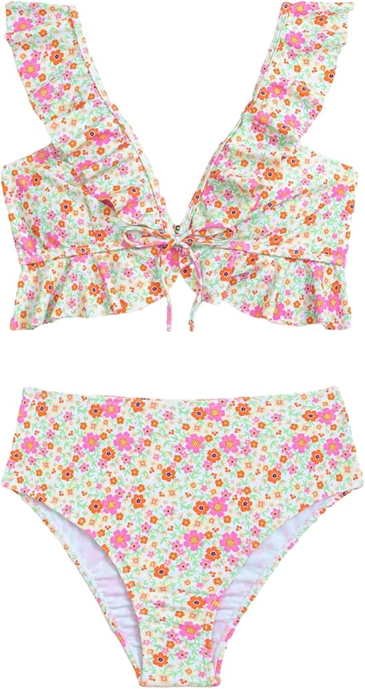 SweatyRocks Women's Ditsy Floral Print Deep V Neck Ruffle Trim 2 Piece Bikini Set Swimsuit