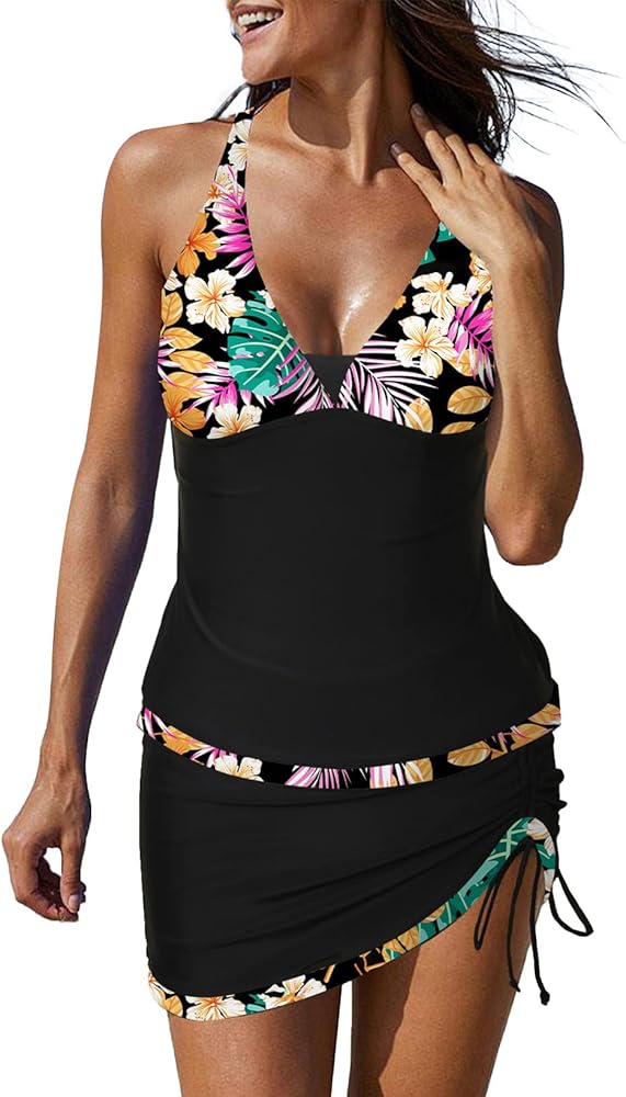 Eternatastic Tankini Swimsuits with Skirt 2 Piece Swimwear Color Block Bathing Suits for Women V Neck Leopard Print