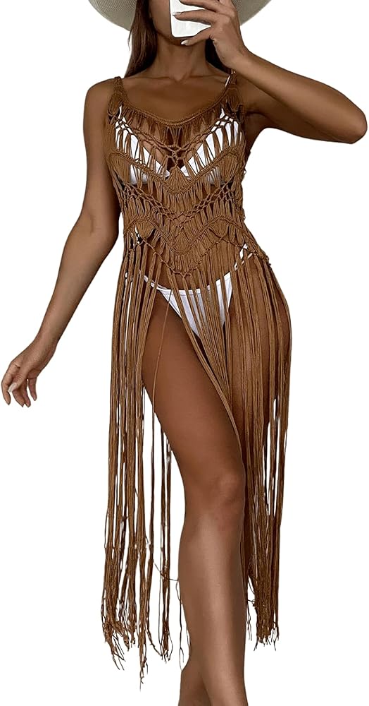 Floerns Women's Sleeveless Beachwear Swimwear Fringe Trim Crochet Kimono Cover Up