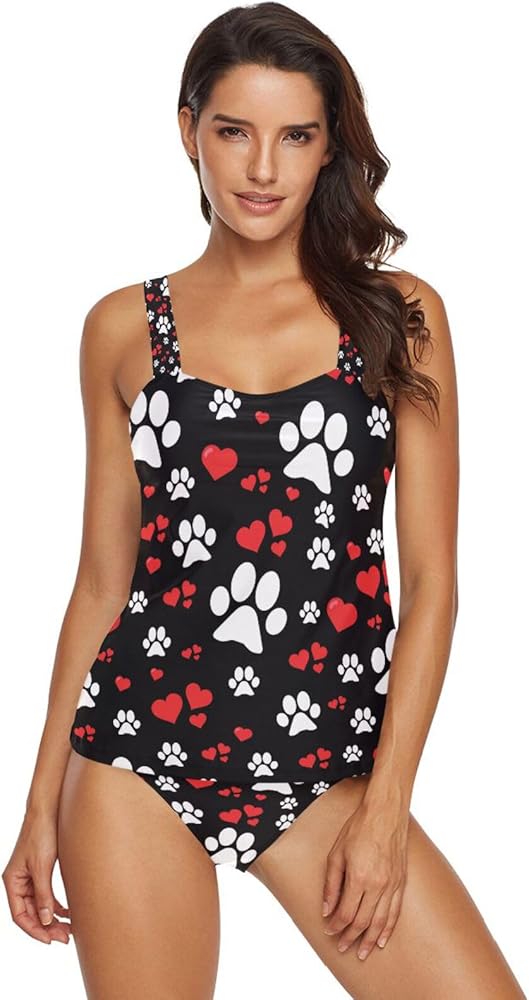 Puppy Paw Prints 2 Piece Women Tankini Swimsuit Tummy Control Sport Bathing Suit with Bikini Bottom