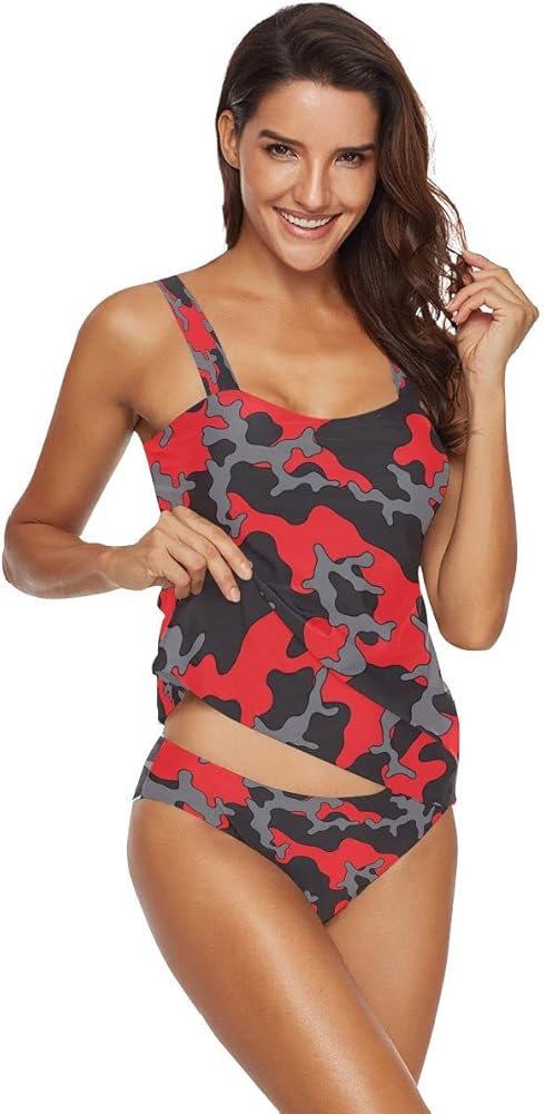 CHIFIGNO Black Red and Gray Camouflage Tankini Bathing Suit for Women Sexy Two Pieces Women's Swim Tops with Shorts, L