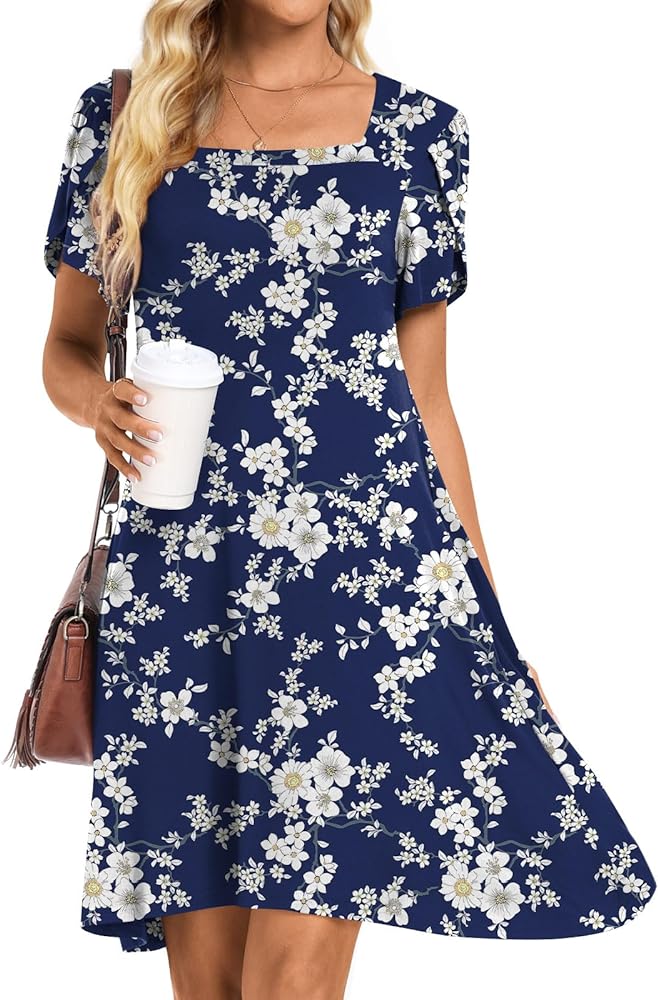 HOTGIFT Womens Summer Casual Dress Short Sleeve Square Neck Dresses Boho Floral Print Loose Beach Sundress