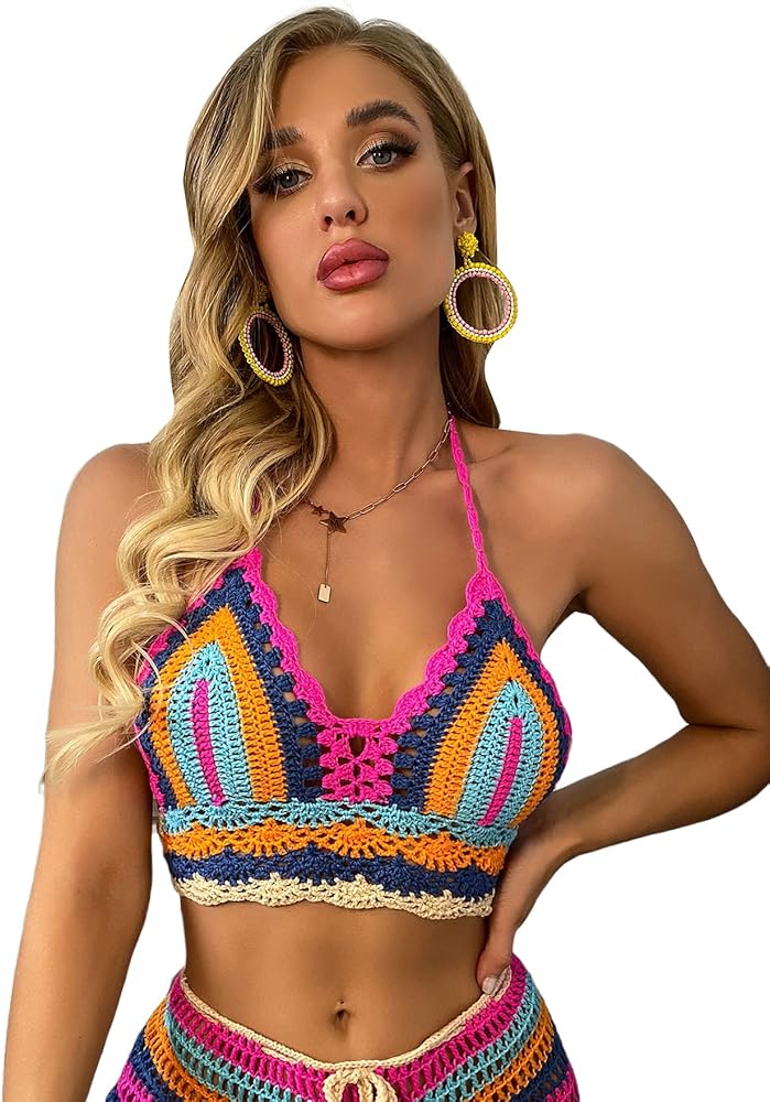 Milumia Women's Boho Striped Crochet Knit Swim Cover Ups Top Tie Back Halter Coverup Multicolor Small