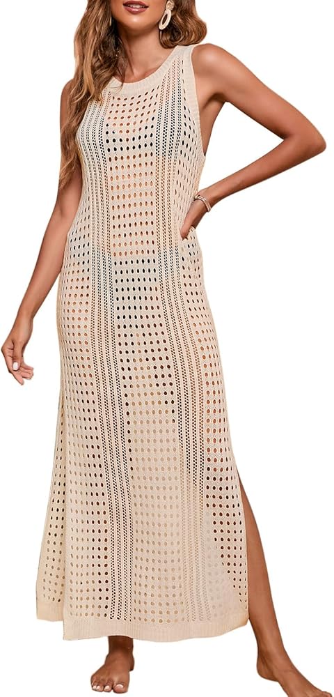 Alsol Lamesa Women’s Crochet Swim Cover Up Hollow Out Bathing Suit Coverup Side Split Sleeveless Tie Waist Long Beach Dress