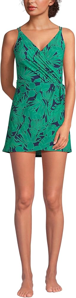 Lands' End Womens Chlorine Resistant V-neck Tulip Wrap Swim Dress Navy/emerald Palm Foliage Regular Medium