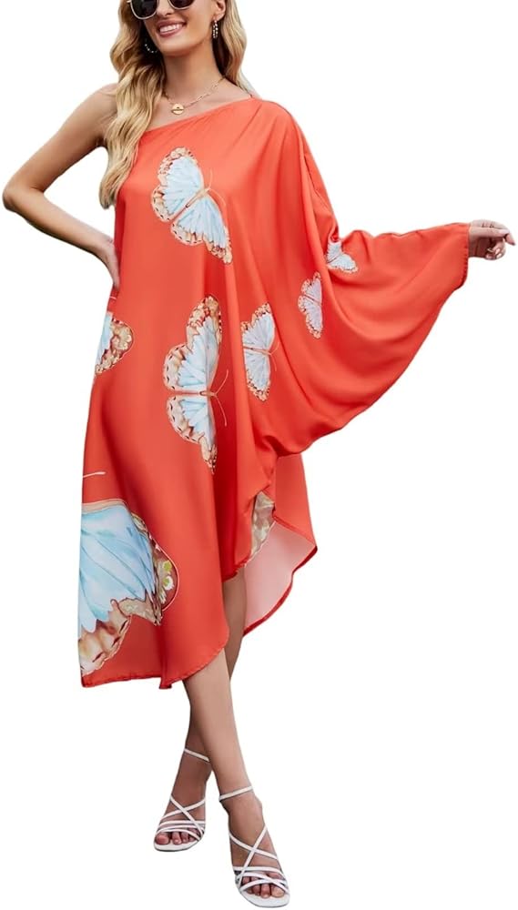 Womens Beach Coverup Dress Floral Print One Shoulder Kaftan Swimwear Maxi Dresses