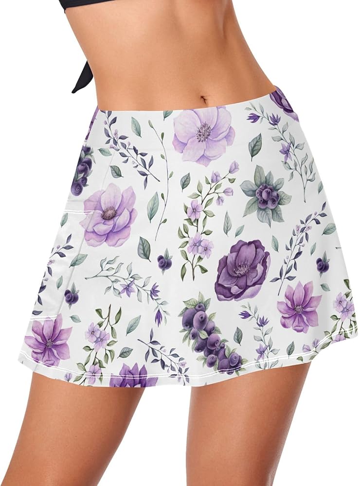 Women's High Waisted Swim Skirts Floral Watercolor Purple Bathing Suit Skirt Bottom for Women Swim Skort Built-in