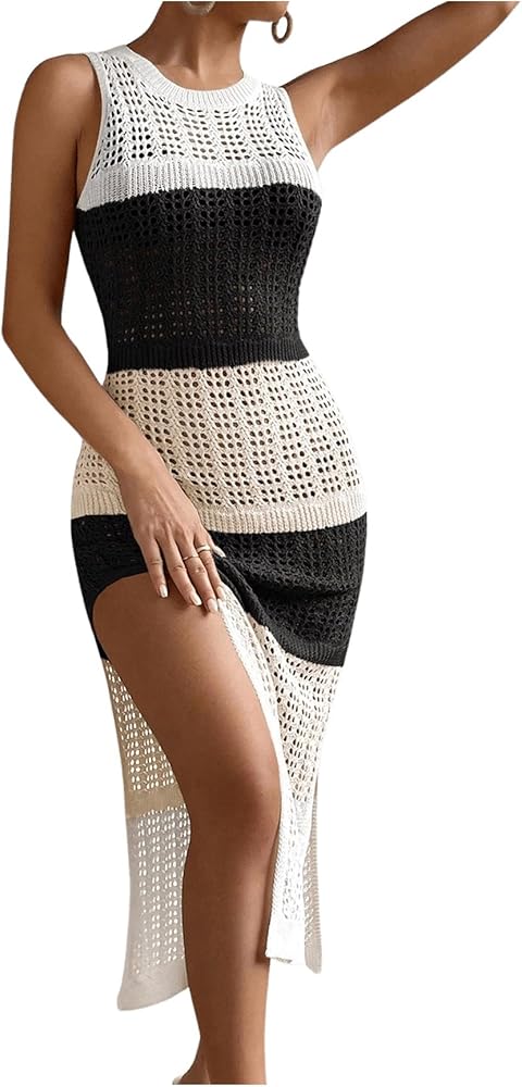 Verdusa Women's Colorblock Hollow Out Sleeveless Split Thigh Knitted Cover Up Dress