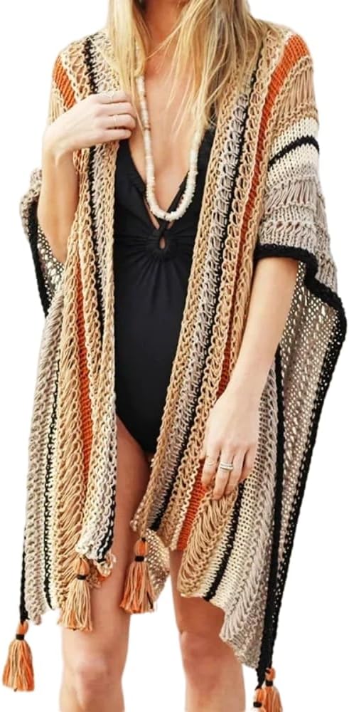 Bohemia Style Cover-ups Fashion Beach Swimwear Striped Casual Women's Swimsuit Beach Dress Brown