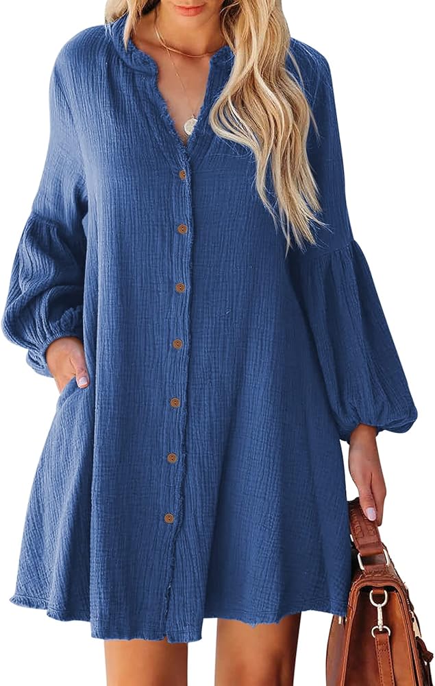 Women's Button Down Shirt Dress Long Sleeve Beach Cover Ups Casual Mini Dresses with Pockets