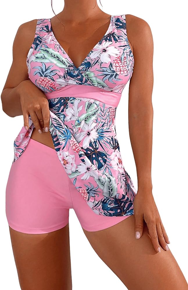 SOLY HUX Tankini Swimsuits for Women Tropical Print V Neck Tops and Shorts Bathing Suits Two Piece Swimsuit