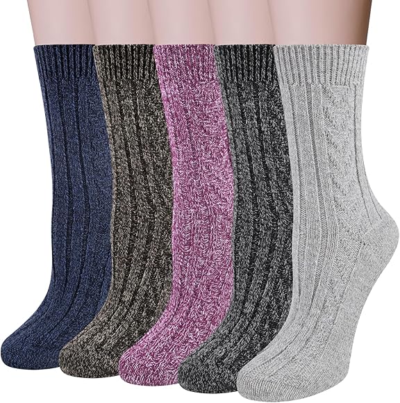 Chalier Finery 5 Pares Calcetines Calcetines de Invierno, Térmicos de Lana para Mujer Calcetines de Invierno Colores para Senderismo y Correr, Regalos de Cumpleaños