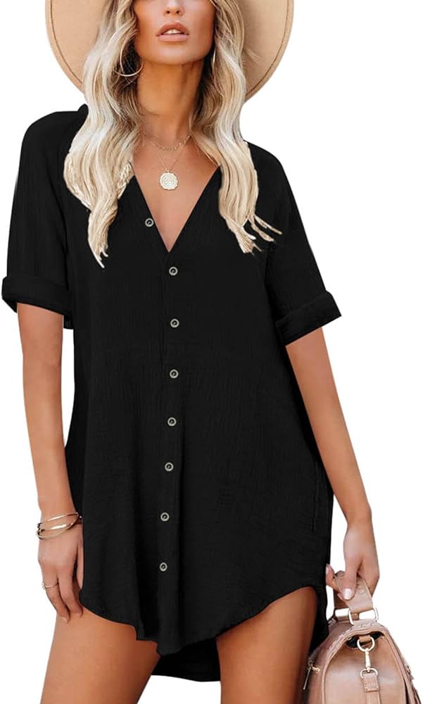 Paintcolors Women's Cotton Button Down Shirt Short Sleeve Dresses Tunics Oversized Beach cover up Blouse Tops with Pockets