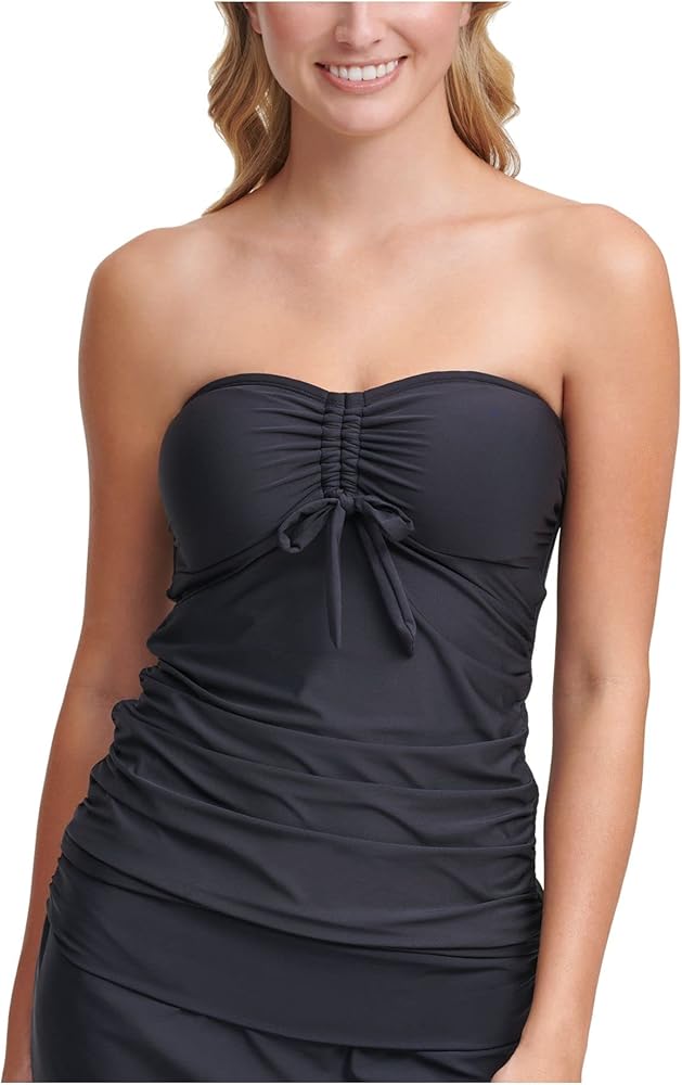 DKNY Women's Black Stretch Ruched Bandeau Removable Cups Convertible Tie Tankini Swimsuit Top XS