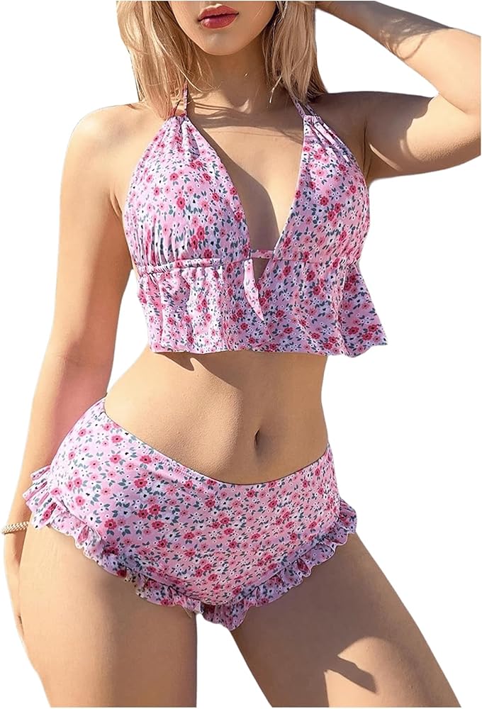 Women's 2 Piece Floral Print Ruffle Hem Halter V Neck Low Waist Bikini Two Pieces Swimwear Cute Swimsuits