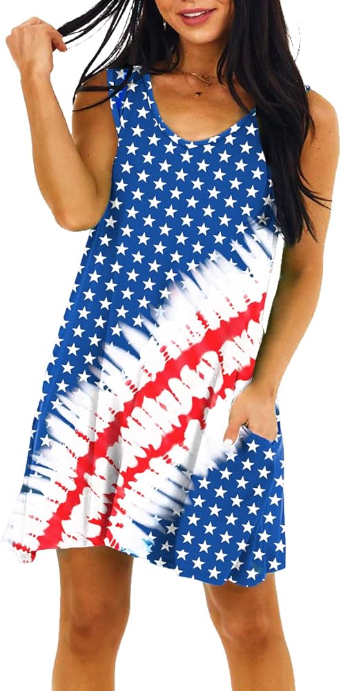 Deerose Women 4th of July Dress Sleeeveless Patriotic V Neck Dresses with Pockets