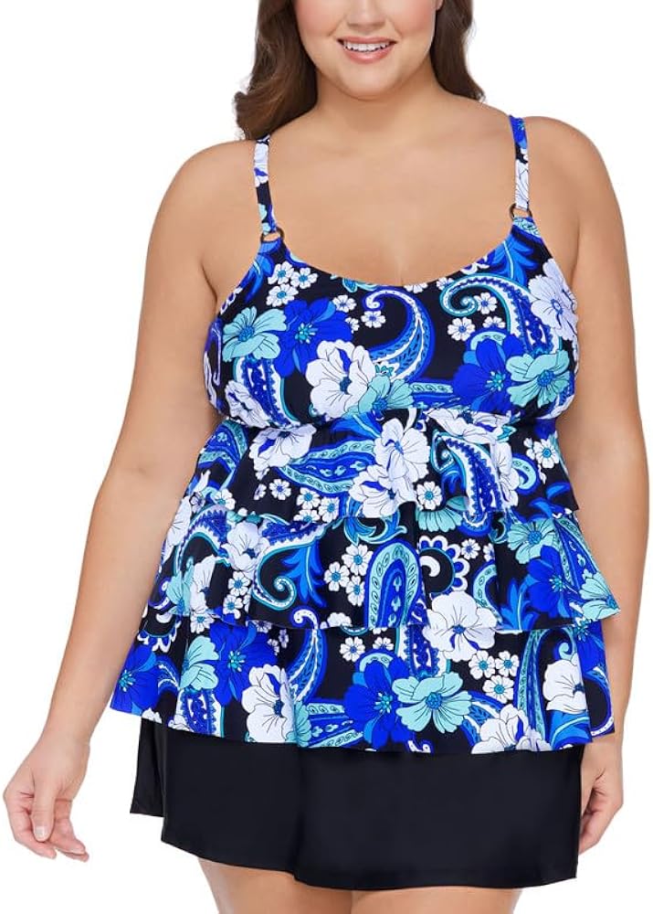 Women's Plus Size Printed Tiered Underwire Tankini Top (Black/Blue, 16W)