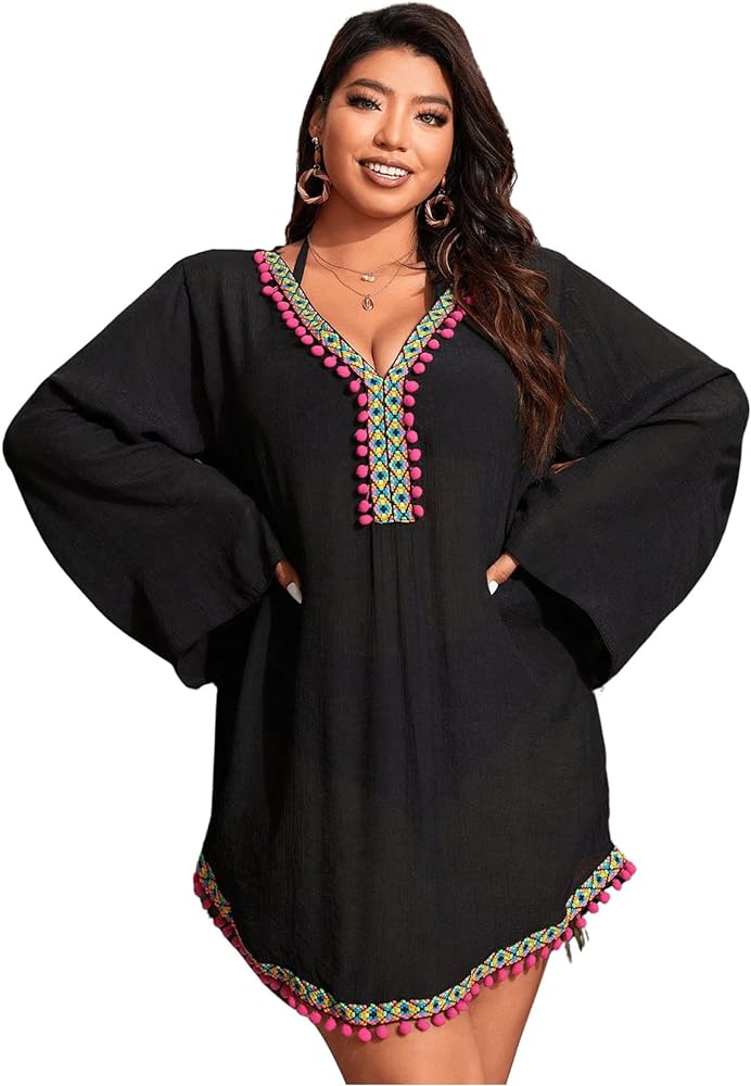 Verdusa Women's Plus Size Bell Sleeve V Neck Bikini Swimwear Cover Up Dress