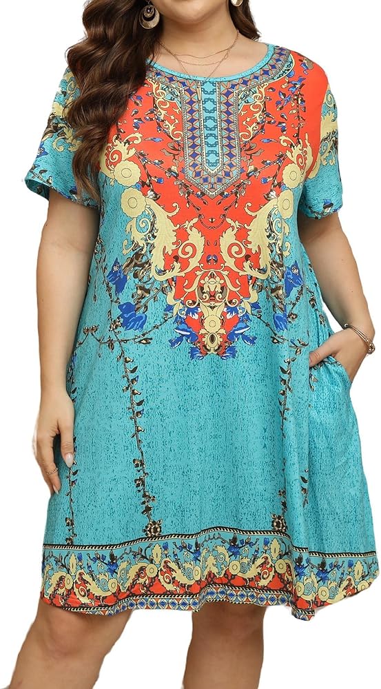 HBEYYTO Women's Plus Size Short Sleeve Loose Dress Casual Swing T Shirt Dresses with Pockets (XL-5XL)