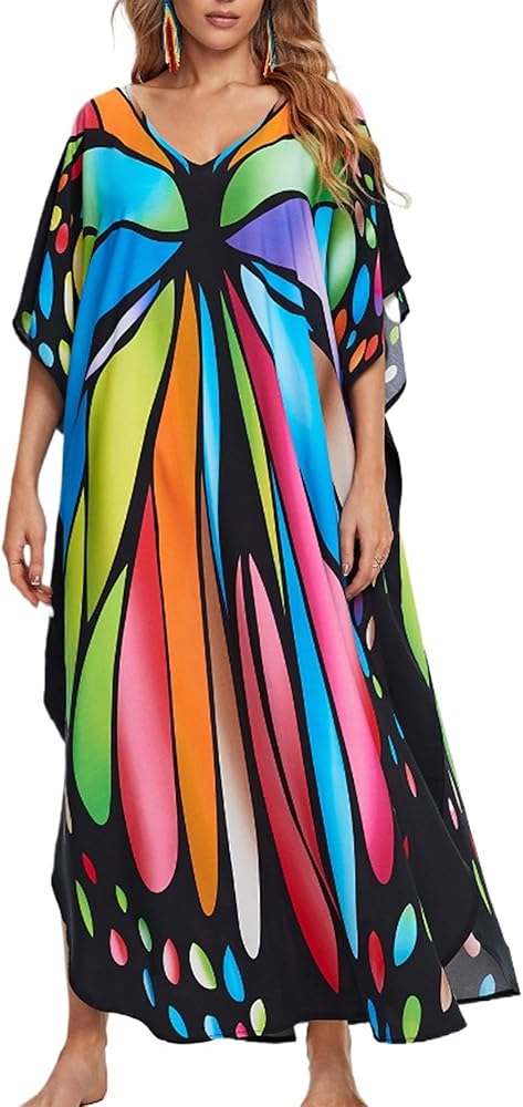 Chunoy Women V Neck Kaftan Swimsuit Beach Cover Up Side Split Dress